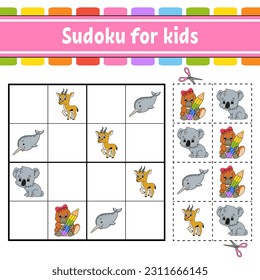 Sudoku for kids. Education developing worksheet. Activity page with pictures. Puzzle game for children. Logical thinking training. Isolated vector illustration. Funny character. cartoon style.