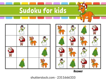 Sudoku para los niños. Educación desarrollando hoja de trabajo. personaje de dibujos animados. Página de actividad de color. Juego de rompecabezas para los niños. Formación de pensamiento lógico. Ilustración vectorial.