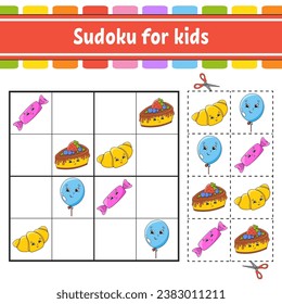 Sudoku for kids. Education developing worksheet. Activity page with pictures. Puzzle game for children. Logical thinking training. Isolated vector illustration. Funny character. Coon style.