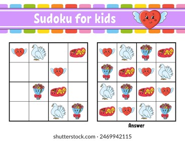 Sudoku for kids. Education developing worksheet. cartoon character. Color activity page. Puzzle game for children. Logical thinking training. Vector illustration.