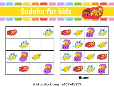 Sudoku para niños. Educación desarrollando hoja de trabajo. personaje de dibujos animados. Página de actividad de color. Juego de rompecabezas para niños. Entrenamiento de pensamiento lógico. Ilustración vectorial.