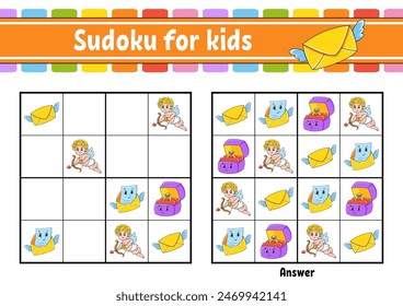 Sudoku para niños. Educación desarrollando hoja de trabajo. personaje de dibujos animados. Página de actividad de color. Juego de rompecabezas para niños. Entrenamiento de pensamiento lógico. Ilustración vectorial.