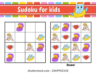 Sudoku for kids. Education developing worksheet. cartoon character. Color activity page. Puzzle game for children. Logical thinking training. Vector illustration.