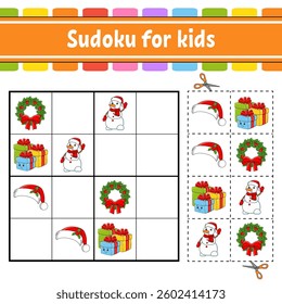 Sudoku for kids. Education developing worksheet. Activity page with pictures. Puzzle game for children. Logical thinking training. Funny character. Vector illustration.