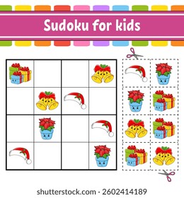 Sudoku for kids. Education developing worksheet. Activity page with pictures. Puzzle game for children. Logical thinking training. Funny character. Vector illustration.
