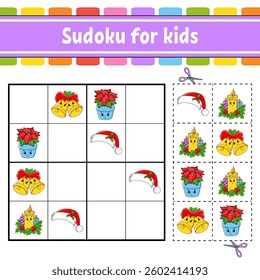 Sudoku for kids. Education developing worksheet. Activity page with pictures. Puzzle game for children. Logical thinking training. Funny character. Vector illustration.