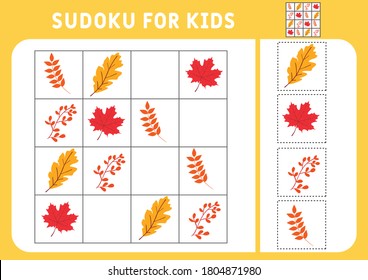 Sudoku for kids. Education development worksheet. Activity page with pictures. A puzzle game for children. Set autumn leaves. Isolated vector illustrations.  Logic training