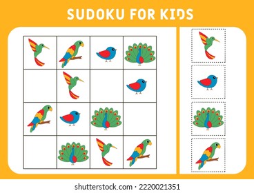 Sudoku for kids. Education development worksheet. Activity page with pictures. A puzzle game for children. Isolated vector illustrations.  Logic training