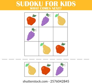 Sudoku for kids. Fruits theme. Game for kids worksheet. Find the right next image. Children riddle entertainment. What comes next activity page.