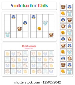 Sudoku for kids with funny cartoon animals. Game for preschool kids, training logic