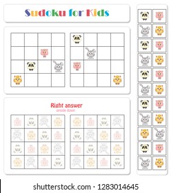 Sudoku for kids with funny cartoon animals. Game for preschool kids, training logic