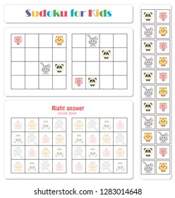 Sudoku for kids with funny cartoon animals. Game for preschool kids, training logic