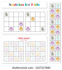 Sudoku for kids with funny cartoon animals. Game for preschool kids, training logic