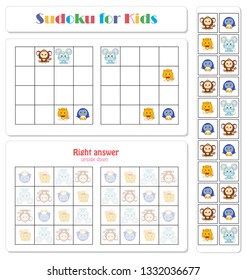 Sudoku for kids with funny cartoon animals. Game for preschool kids, training logic