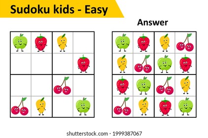Sudoku kids game with answers. Cute fruit characters in 4x4. Game for small children. Blank template. level is easy. Child preschool activity.