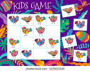 Juego de niños Sudoku. Caricatura de aves mexicanas alebrije. Prueba educativa vectorial, niños abordan el acertijo o la hoja de cálculo del rompecabezas con aves coloridas y flores tropicales brillantes