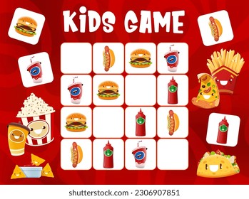 Juego de niños Sudoku, caricatura animada de personajes de comida rápida para llevar, rompecabezas de preguntas y respuestas vectoriales. Perro caliente, hamburguesa de queso y pizza con taco y mostaza comida rápida graciosa en el juego de lógica sudoku o acertijo de rompecabezas