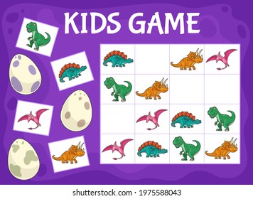 Sudoku Kids Game With Cartoon Dinosaurs. Logical Game, Educational Puzzle Or Rebus, Kids Crossword Worksheet With Cute Tyrannosaurus, Triceratops And Pterodactyl, Stegosaurus, Dinosaurs Eggs