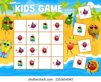 Sudoku kids game, cartoon fruits characters on summer beach, vector quiz puzzle. Sudoku riddle worksheet grid to find and match lychee, fig and nectarine with papaya on summer sea holiday or vacations