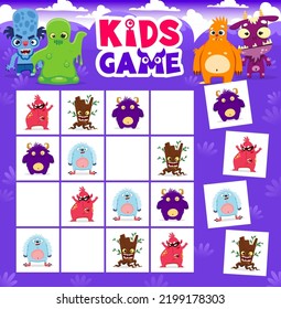 Sudoku Kids Game. Cartoon Monster Characters. Child Rebus Puzzle Or Sudoku Riddle Vector Worksheet With Green Slime, Yeti And Scary Zombie, Three Eyed Dog, Evil Stump Halloween Monster Personages