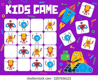 Juego infantil Sudoku, robots de dibujos animados y hojas de cálculo vectoriales de caracteres droides. Robot vintage personajes de juguete rompecabezas juego de rompecabezas, ciborg humanoide de metal lindo, máquina espacial y juego de bloqueo lógico de asistente androide