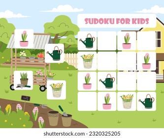 Sudoku for kids game concept. Watering cans and flowers. Educational material, development of logical thinking and mindfulness. Gardening and agriculture. Cartoon flat vector illustration