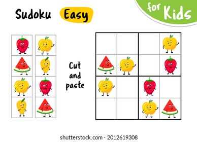 Sudoku kids game. Cut and paste the pictures. Cute fruit characters. Game for small children. Blank template. level is easy. Kids preschool activity.