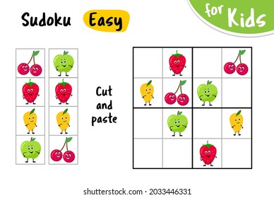 Sudoku kids game. Cut and paste the pictures. Cute fruit characters. Game for small children. Blank template. level is easy. Kids preschool activity.