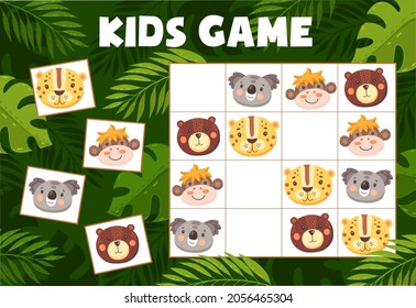 Sudoku kids game with funny animals, vector riddle with cartoon characters koala, leopard, bear and monkey on chequered board. Educational task, children teaser boardgame for baby sparetime activity