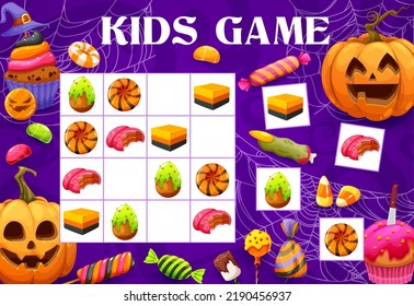 Niños de Sudoku juegan con calabazas feriadas de Halloween, dulces y caramelos en el fondo de la telaraña. Hoja de cálculo del rompecabezas de la educación de los niños con truco de dibujos animados o tratamiento de la comida, acertijo con tortas