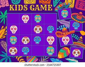 Sudoku kids game with Mexican sugar calavera skull, vector riddle worksheet. Sudoku puzzle or board game worksheet with Mexican skull in sombrero and papel picado, fiesta decoration flags