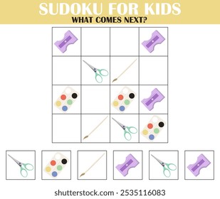 Sudoku para niños. Juego para niños hoja de trabajo. Artículos de vuelta a la escuela. Encuentra la próxima Imagen correcta. Los niños adivinan entretenimiento. Qué viene en la página de la siguiente actividad.