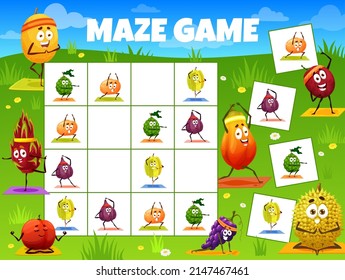 Sudoku kids game worksheet. Cartoon fruit yoga vector characters. Sudoku kids game or puzzle riddle with funny tropical fruits on yoga. Guava, feijoa and grape, meon, papaya and passion fruit