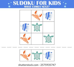 Sudoku for kids. Game for kids worksheet. Ocean animals theme. Find the right next image. Children riddle entertainment. What comes next activity page.