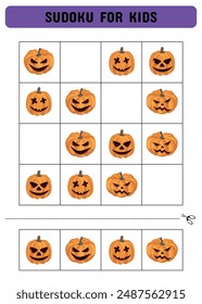 Sudoku for kids with Halloween pumpkins. Printable sheet. Vector illustration