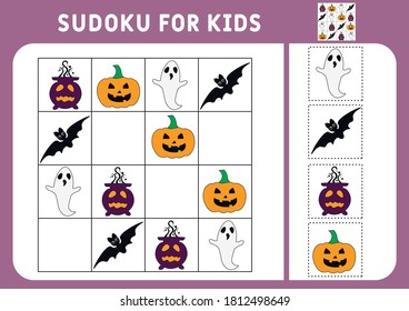 Sudoku for kids. Sudoku. Halloween puzzles. Educational game for children. Activity page with pictures. A puzzle game for children. Isolated vector 