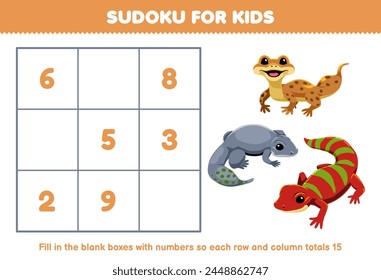 Sudoku for kids help cute gecko fill in the box with the correct numbers pet worksheet