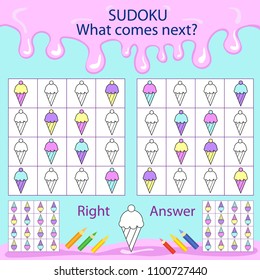 Sudoku for kids with Ice cream. Find and paint the color of the next figure. Children mathematics funny riddle entertainment. Sheet right answer. Vector activity page with game.