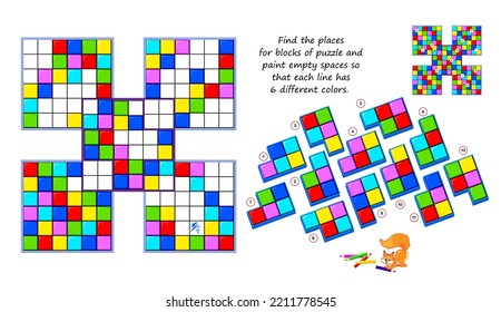 Sudoku for kids. Logic game. Find the places for blocks of puzzle and paint empty spaces so that each line has 6 different colors. Coloring book. Brain teaser book. Developing spatial thinking.