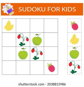  Sudoku for kids. Logical thinking training. Activity page with pictures. Puzzle game. 