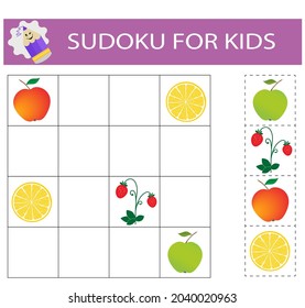  Sudoku for kids. Logical thinking training. Activity page with pictures. Puzzle game. 
