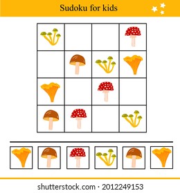 Sudoku for kids with mushrooms. Educational game for children. Autumn vector illustration
