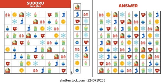 Sudoku for kids with nine winter elements. Sudoku for kids. Cut and glue. Cartoon, flat, vector, eps 10