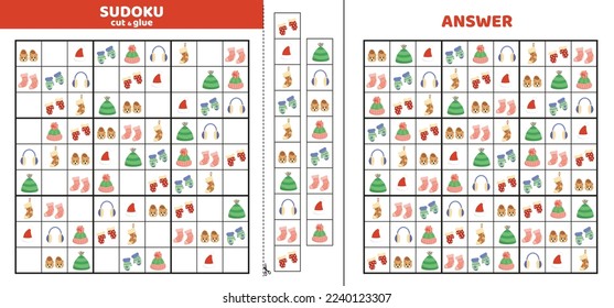 Sudoku for kids with nine winter wear. Sudoku for kids. Cut and glue. Cartoon, flat, vector, eps 10