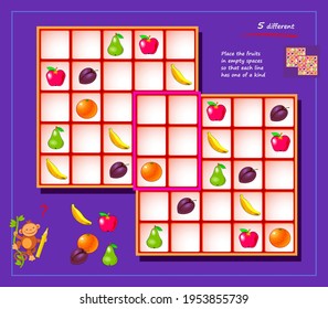 Sudoku for kids. Page for brain teaser book. Logic puzzle game for children and adults. Play online. Memory training for seniors. Place fruits in empty spaces so that each line has one of a kind.