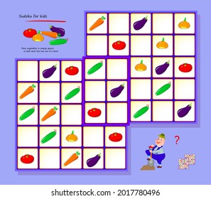 Sudoku for kids. Page for brain teaser book. Logic puzzle game for children and adults. Play online. Memory training for seniors. Place vegetables in empty spaces so that each line has one of a kind.
