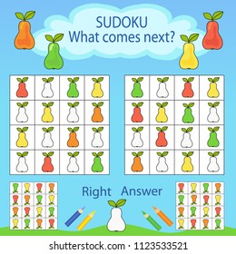 Sudoku for kids with pears. Find and paint the color of the next figure. Children funny riddle entertainment. Sheet right answer. Vector activity page with game.