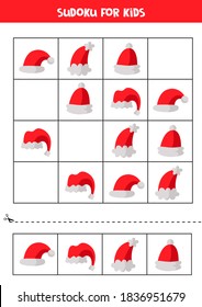 Sudoku for kids. Set of cute red Santa Claus hats. Logical game for kids. Educational puzzle for preschoolers.