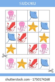 Sudoku for kids. Simple logic game. Cut and glue. Vector worksheet