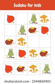 Sudoku for kids. Simplified Sudoku puzzles. Printable worksheets activities preschool education, kindergarten, homeschooling, pedagogical purpose. Logical game. Autumn objects.
